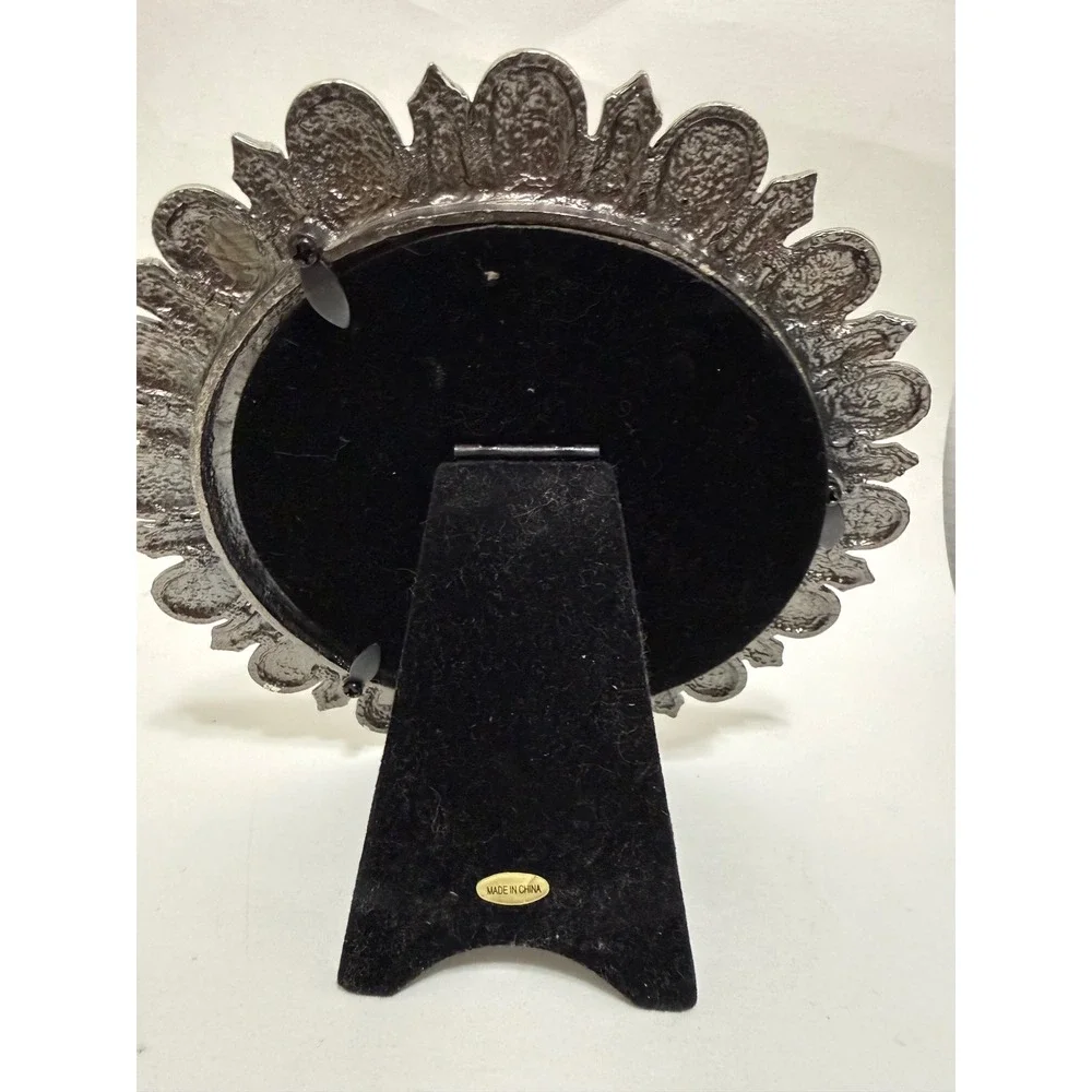 Vintage Style Round Pewter Tone Metal Picture Frame Pink Rhinestone Ornate